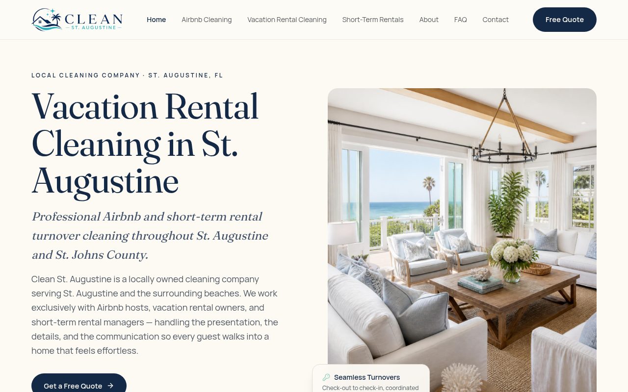 Desktop screenshot of the Clean St. Augustine website for vacation rental cleaning and turnover services